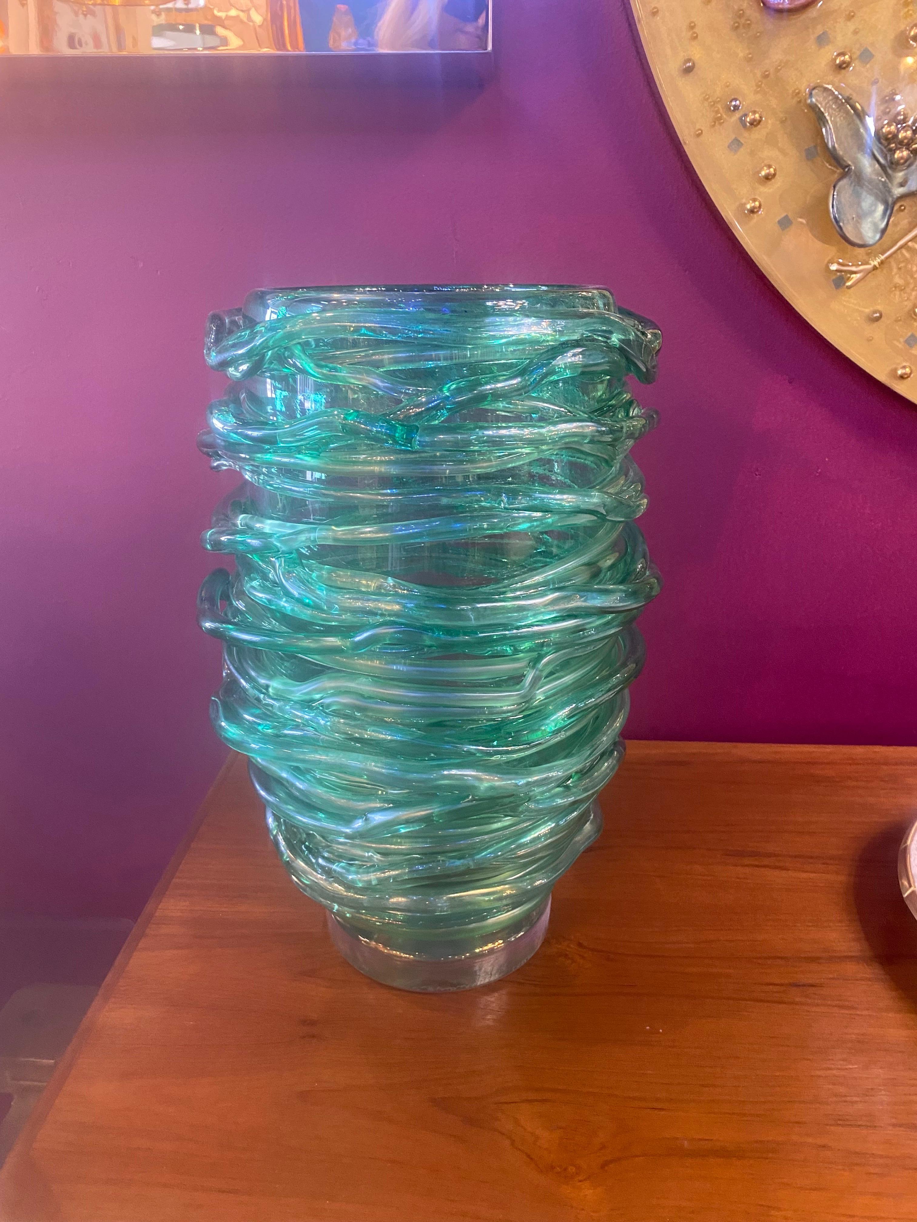Pair of Exquisite Murano Glass Green Vases with Swirled Glass Applications.  For Sale 2