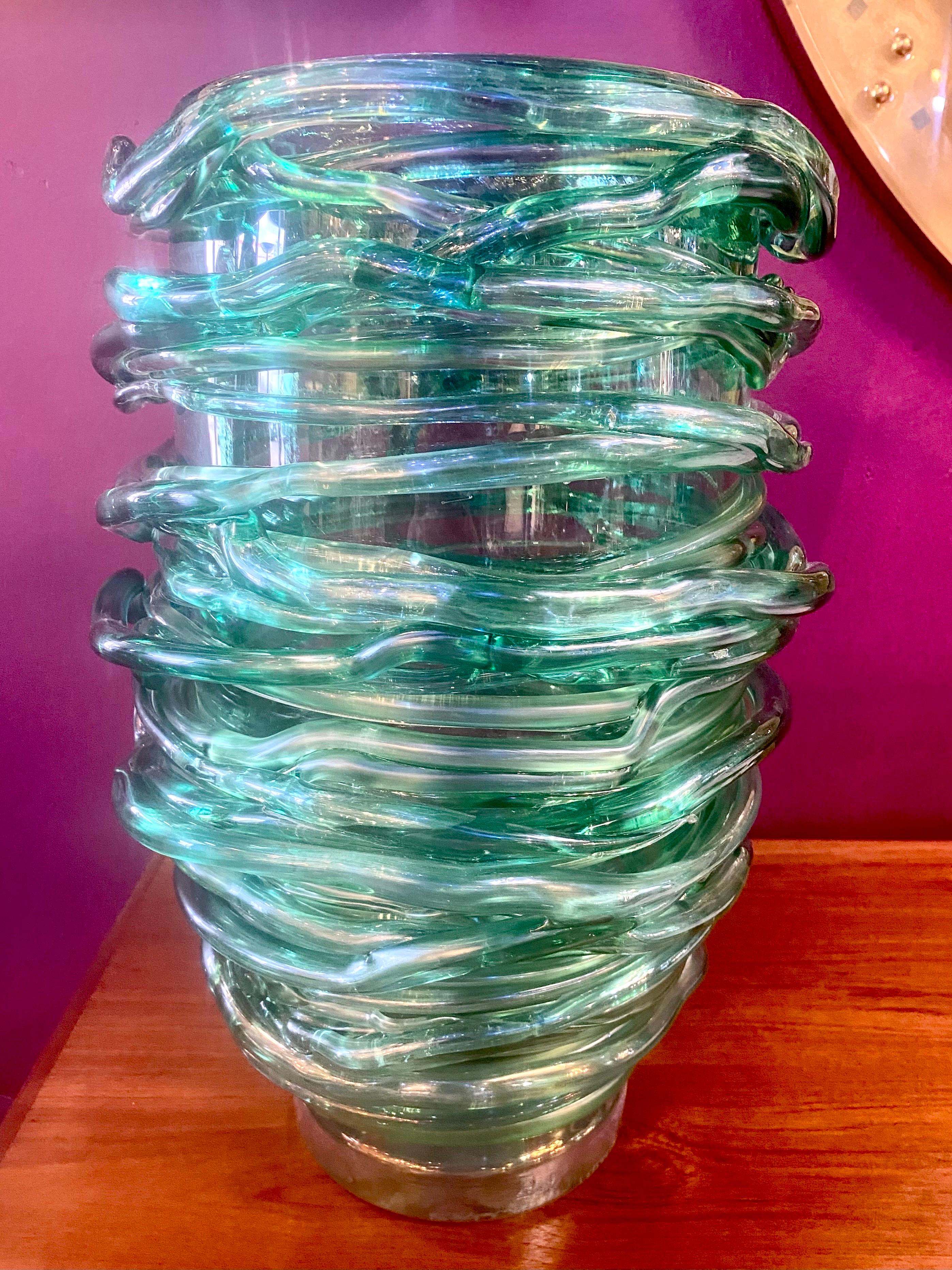 Mid-Century Modern Pair of Exquisite Murano Glass Green Vases with Swirled Glass Applications.  For Sale