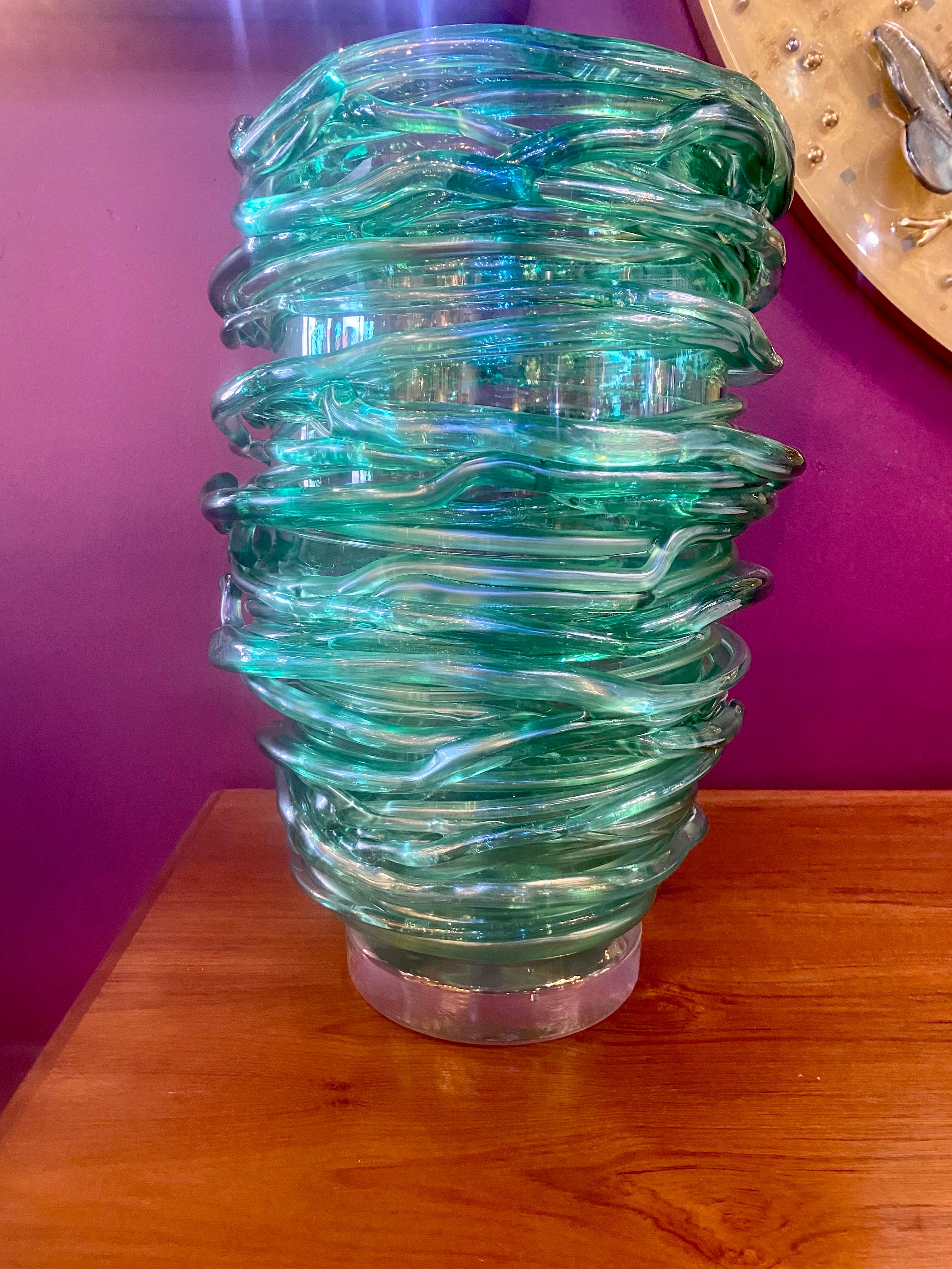 Italian Pair of Exquisite Murano Glass Green Vases with Swirled Glass Applications.  For Sale