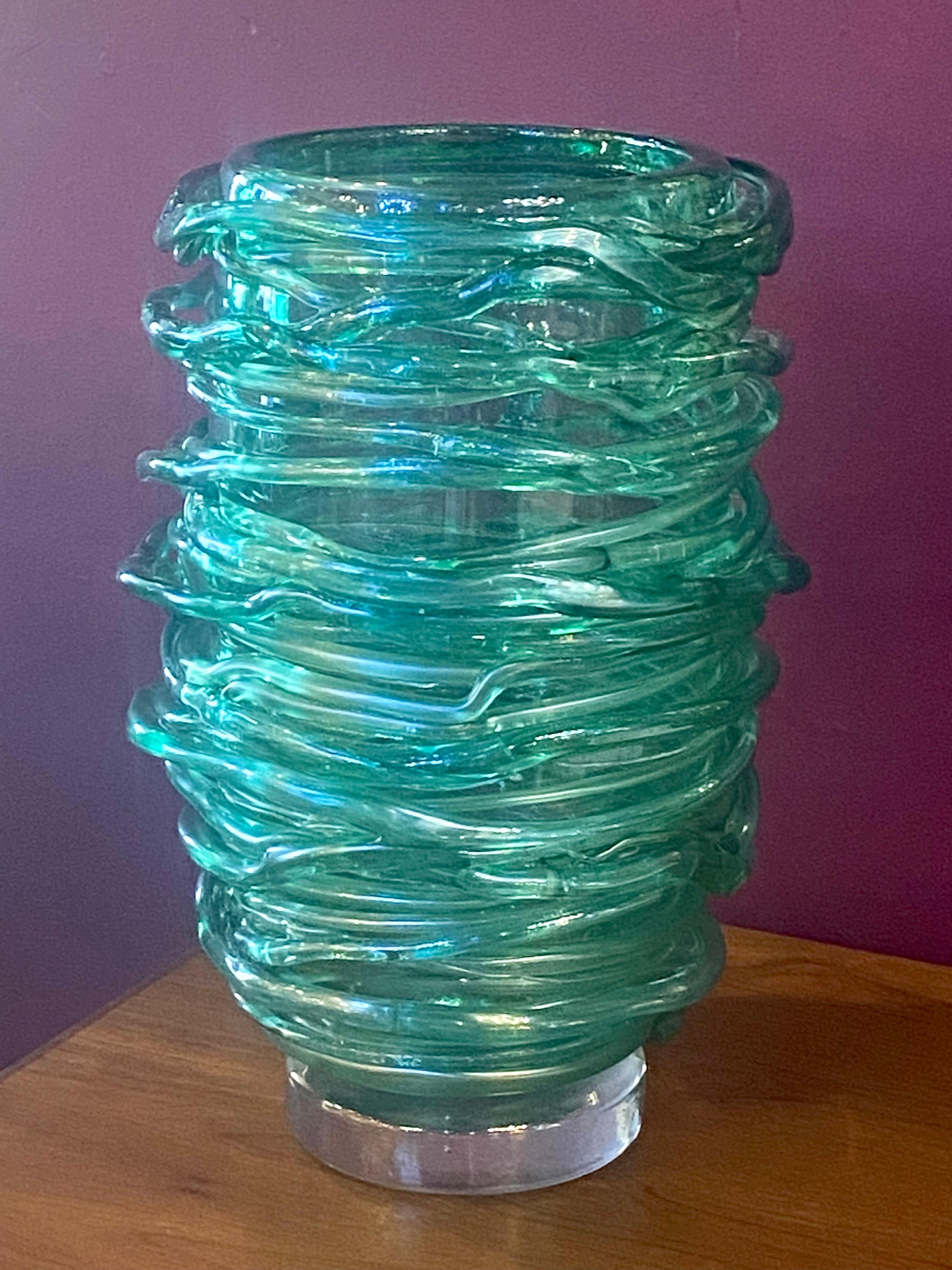 Blown Glass Pair of Exquisite Murano Glass Green Vases with Swirled Glass Applications.  For Sale