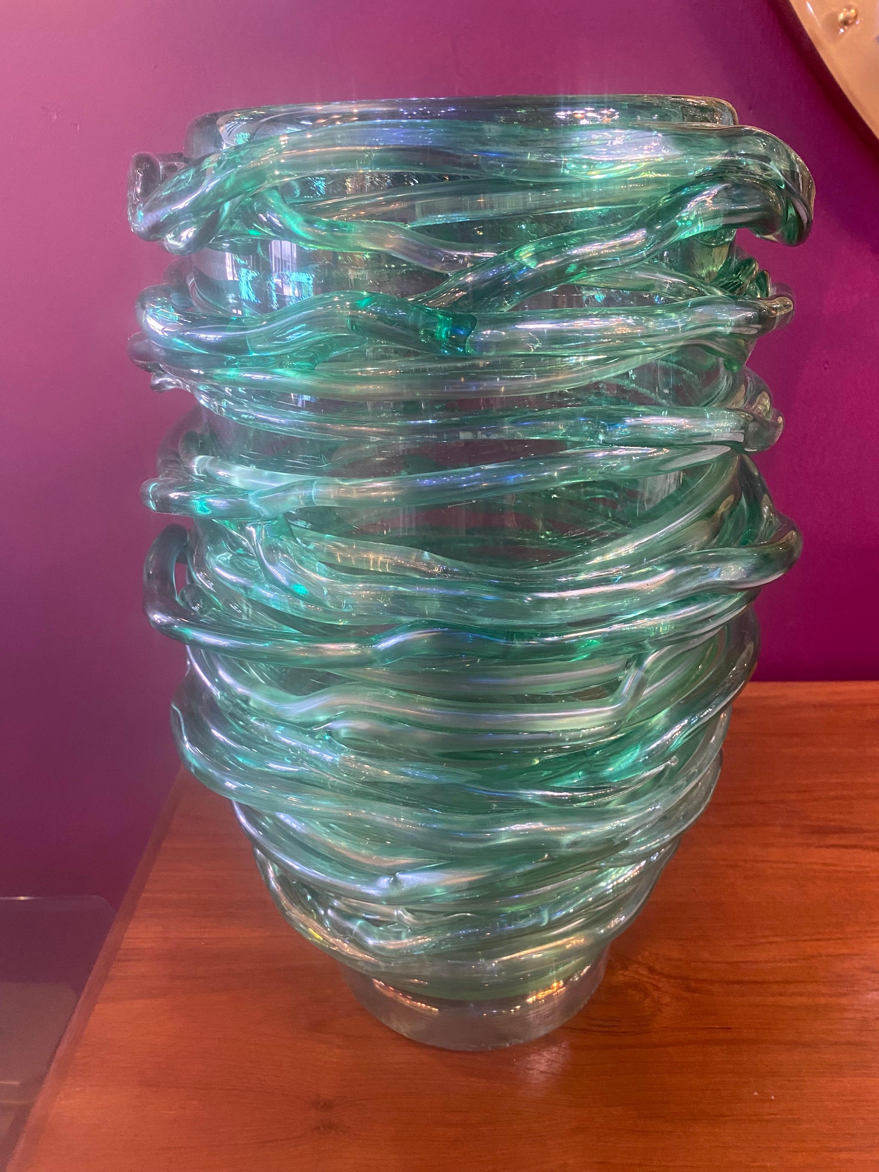 Pair of Exquisite Murano Glass Green Vases with Swirled Glass Applications.  For Sale 1