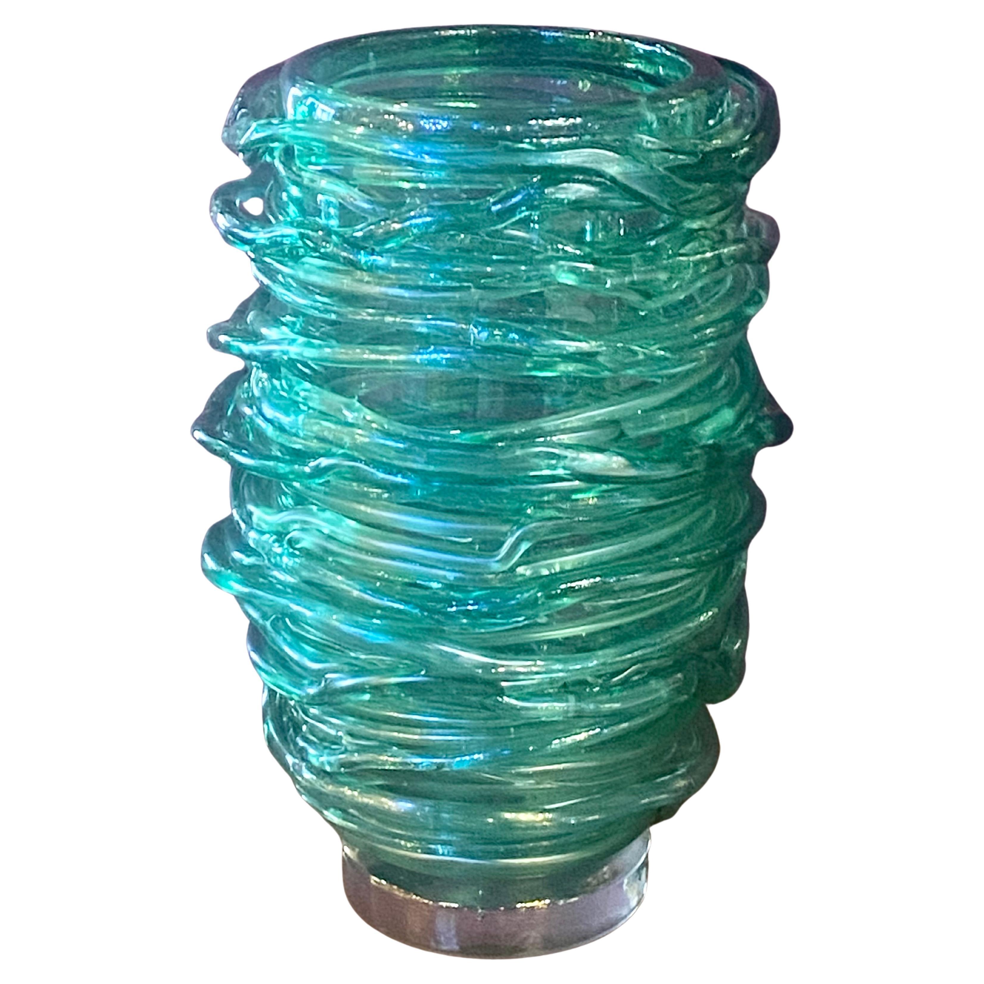 Pair of Exquisite Murano Glass Green Vases with Swirled Glass Applications.  For Sale