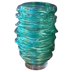 Vintage Pair of Exquisite Murano Glass Green Vases with Swirled Glass Applications. 