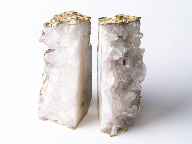 Pair of Exquisite Rock Crystal Quartz Bookends Wrapped in 24Karat Gold