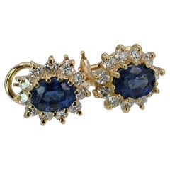 Pair of Exquisite Sapphire & Diamond Earrings 14K Yellow Gold