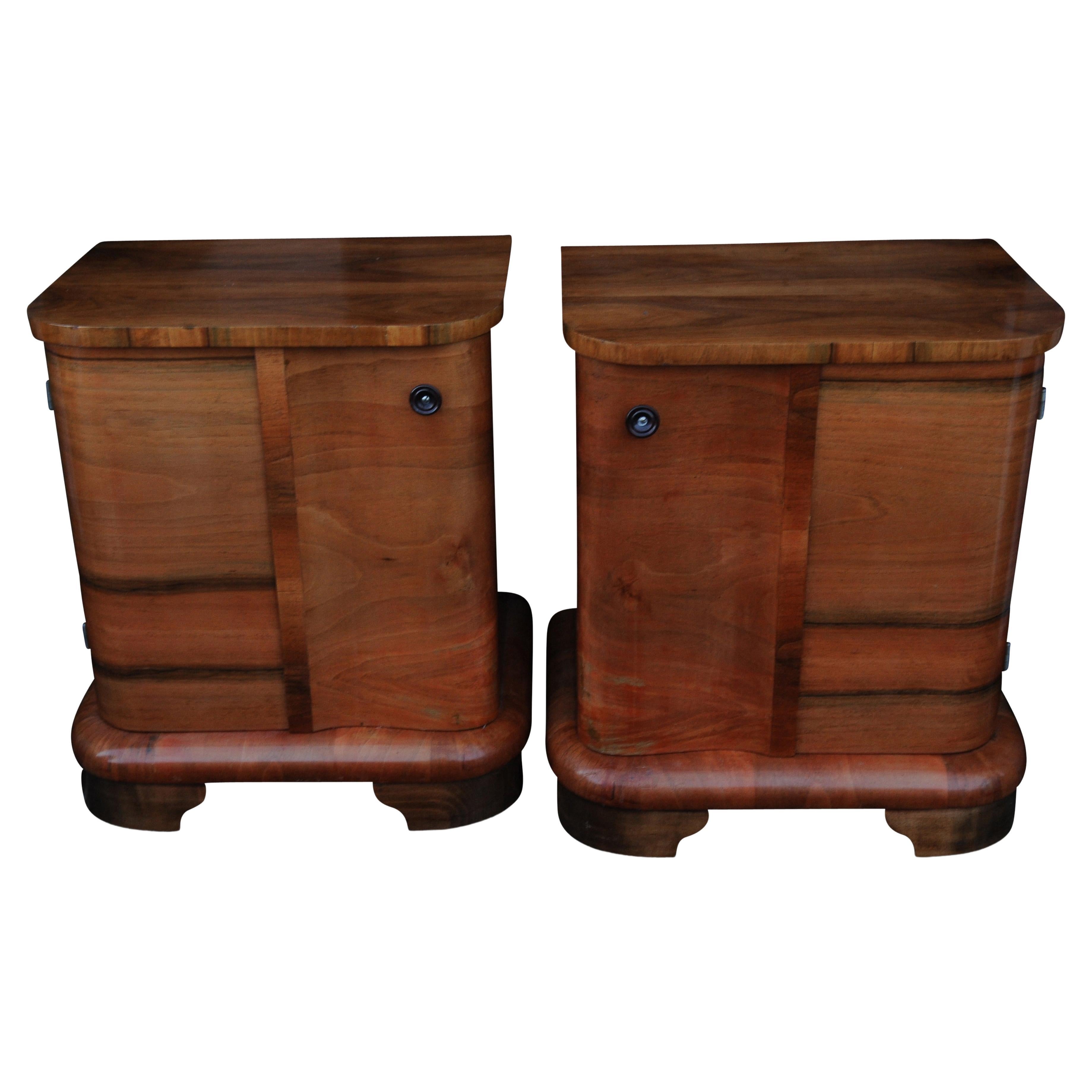 Pair of Exquisite Walnut French Art Deco Bedside Cabinets Cloud Shaped 