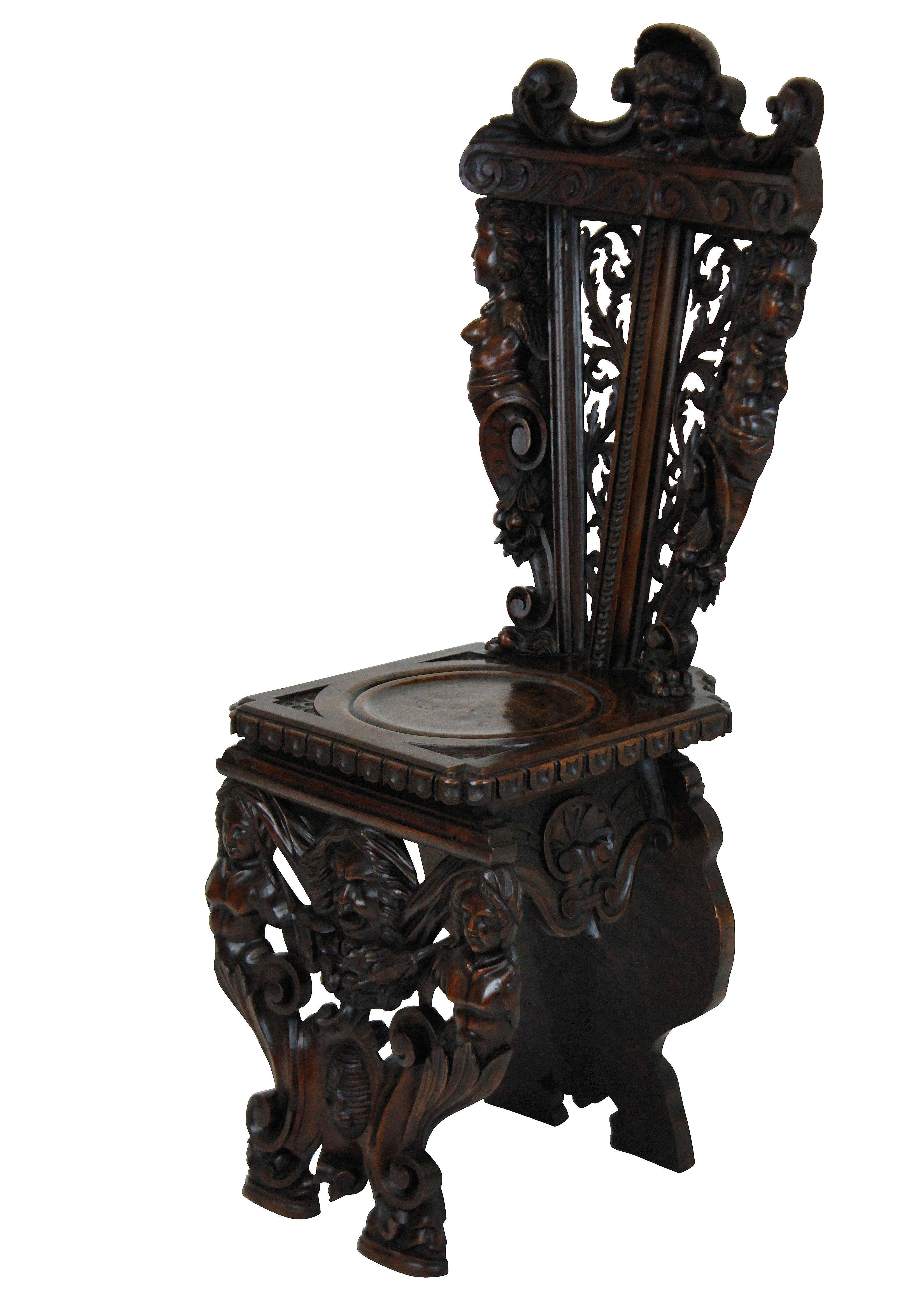 Renaissance Pair of Exquisitely Carved Walnut Hall Chairs