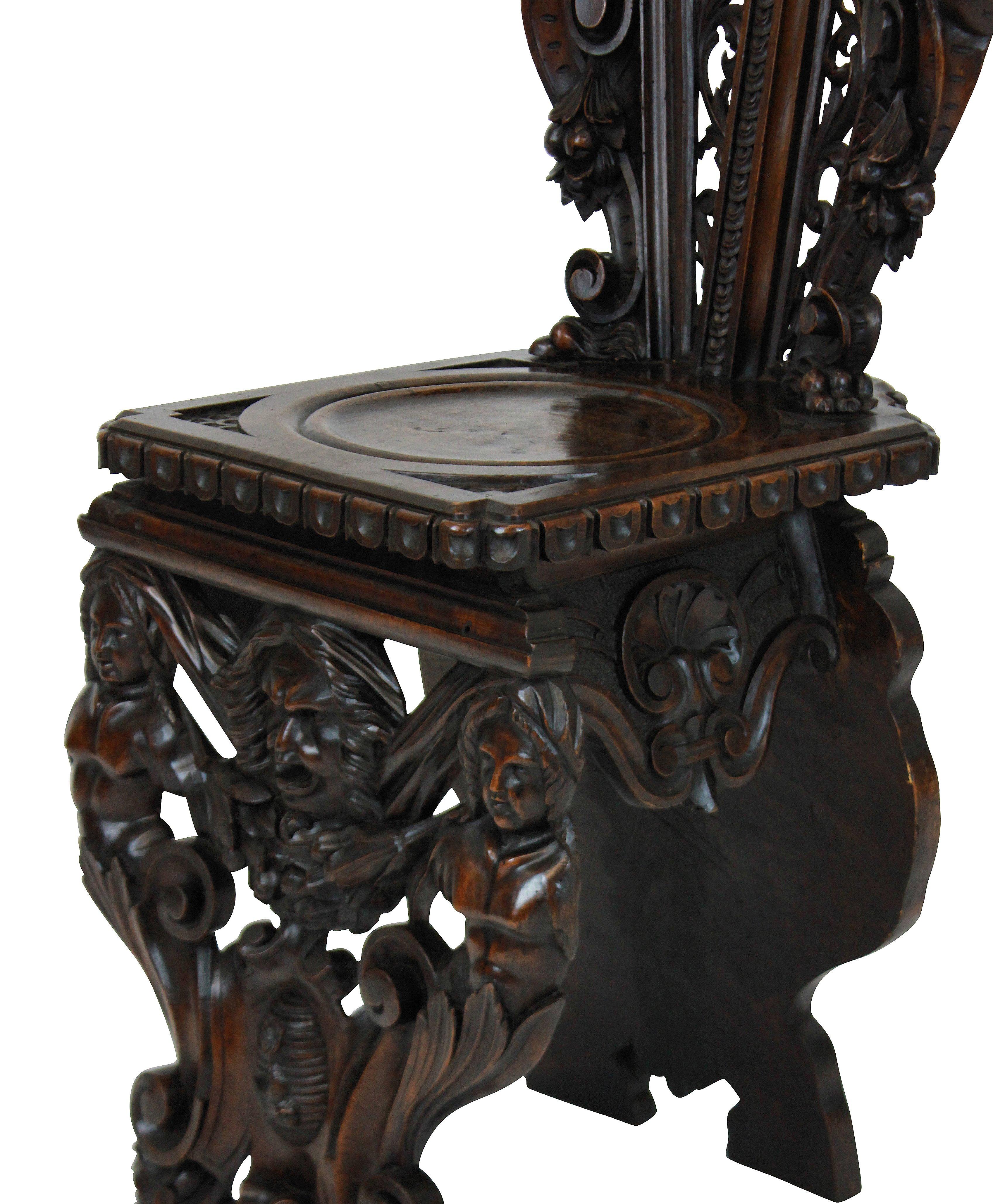 Italian Pair of Exquisitely Carved Walnut Hall Chairs