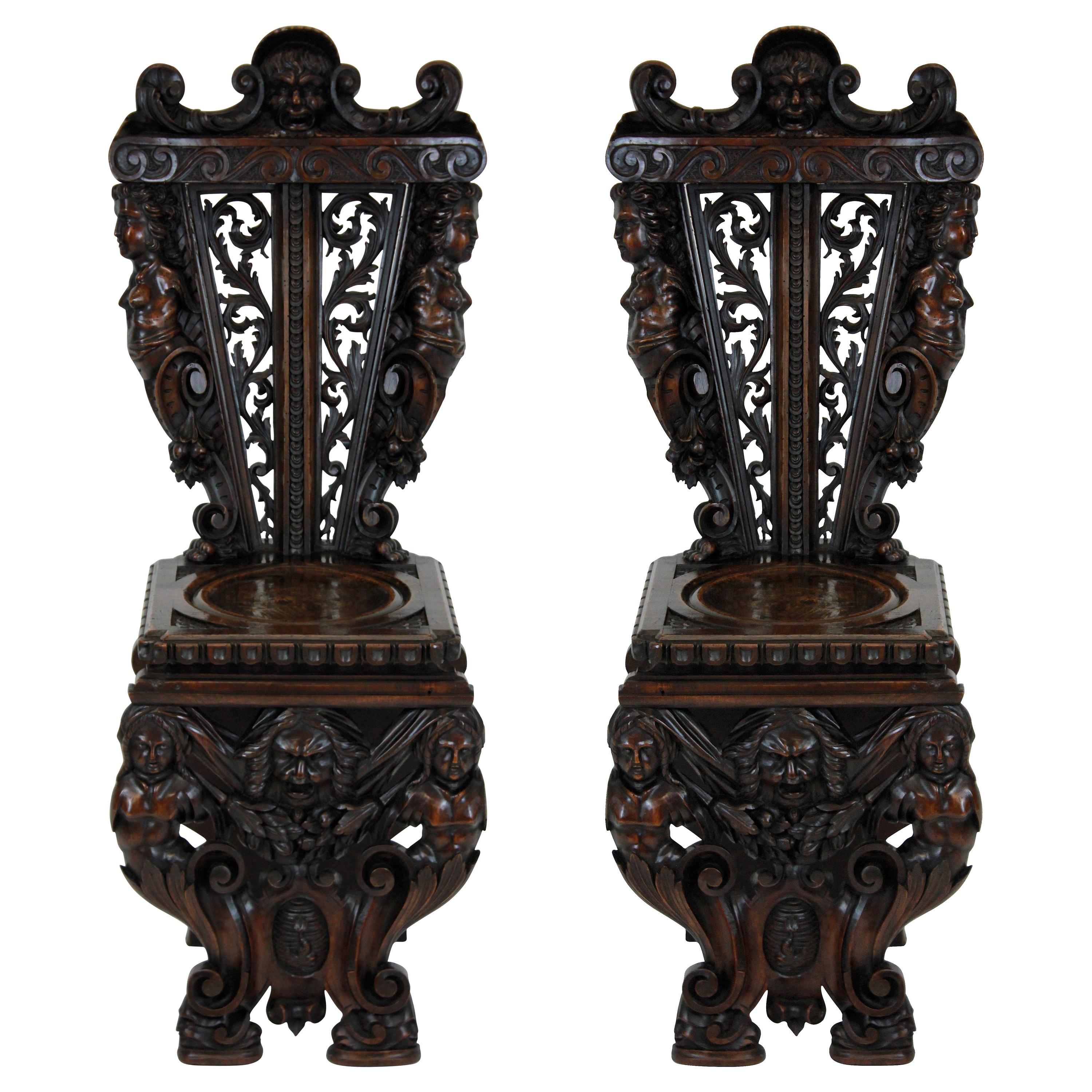 Pair of Exquisitely Carved Walnut Hall Chairs