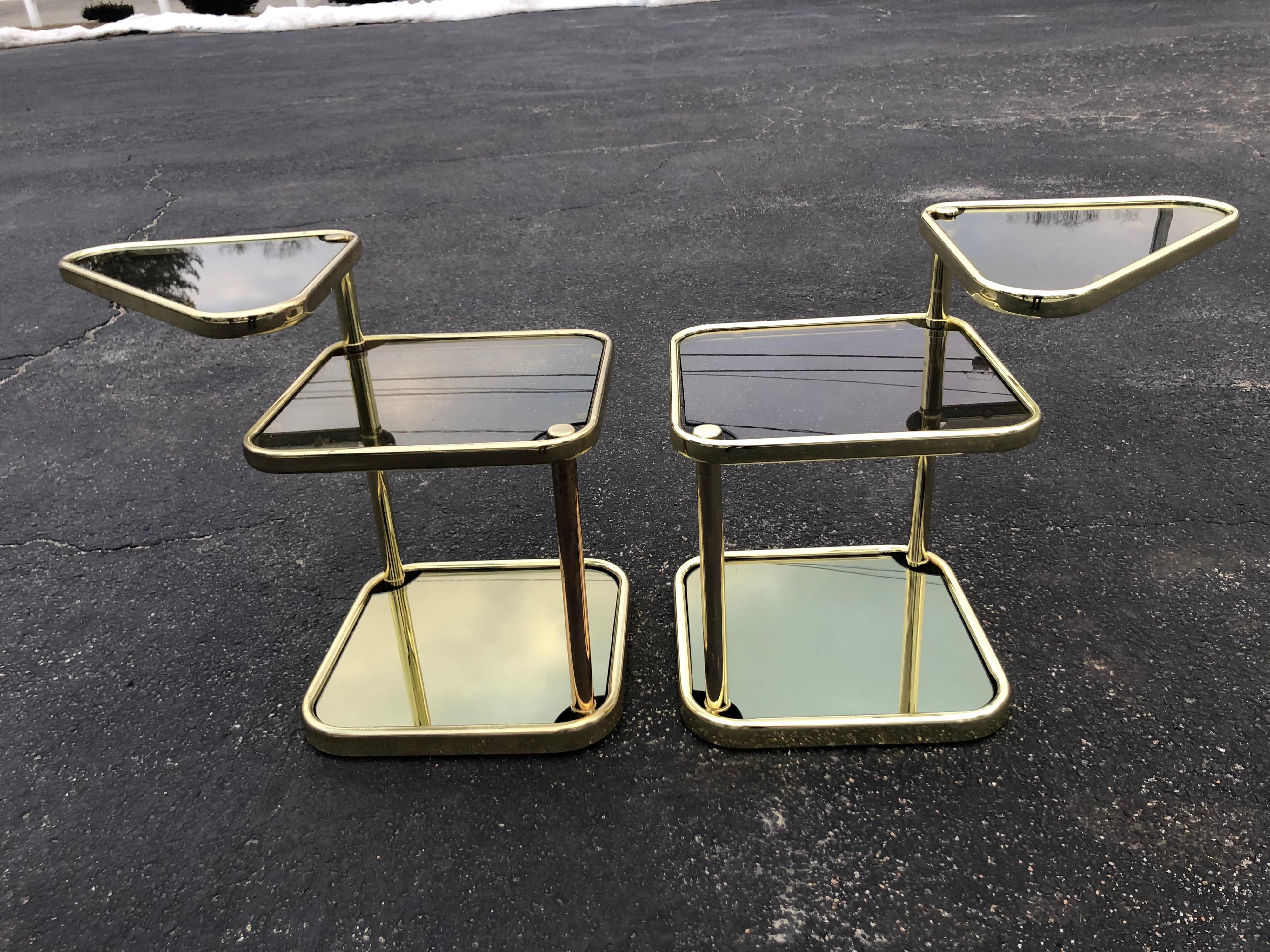 Pair of Extendable Three Tier Brass and Smoked Glass Tables For Sale 6