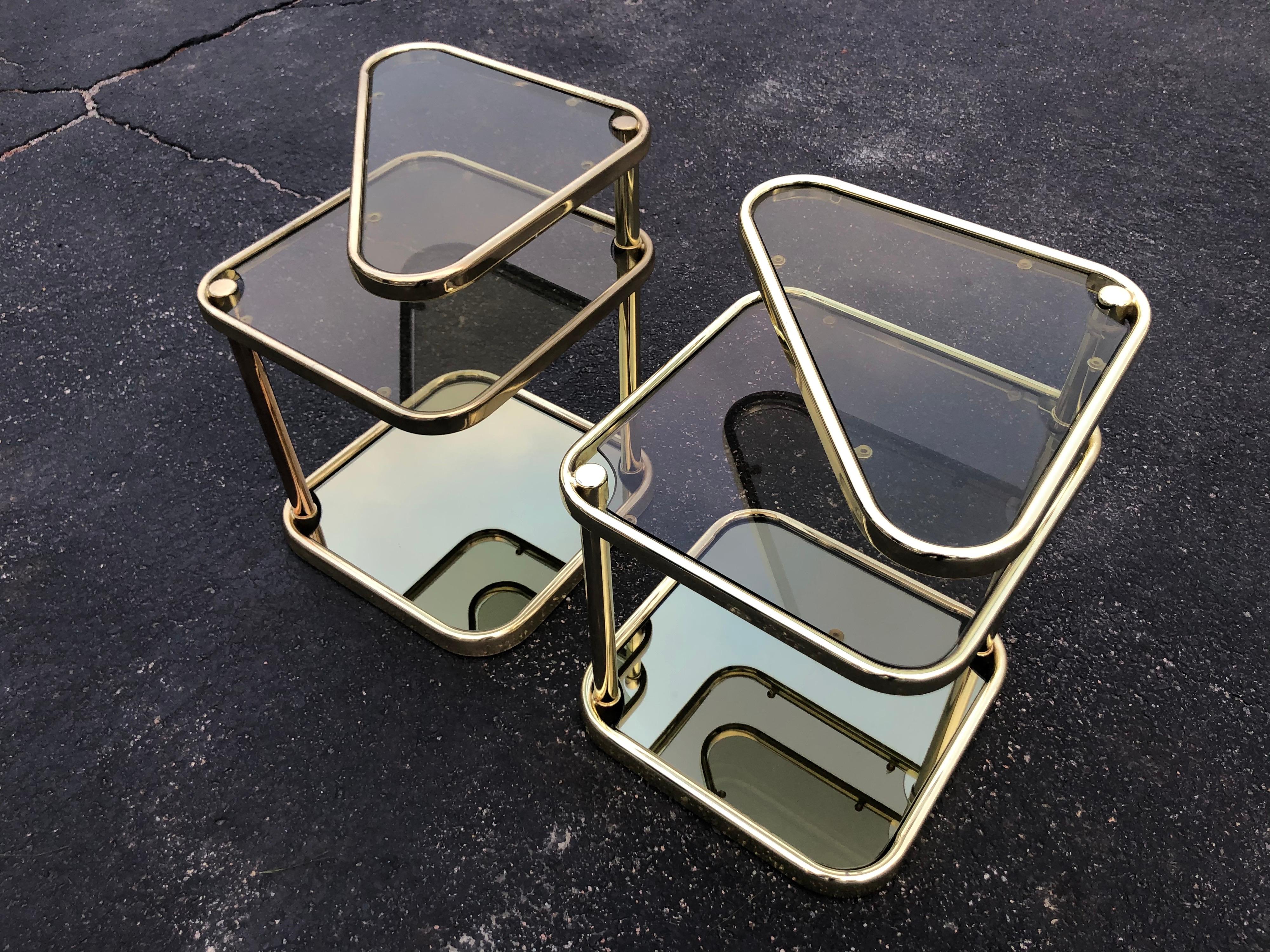 Pair of Extendable Three Tier Brass and Smoked Glass Tables For Sale 7