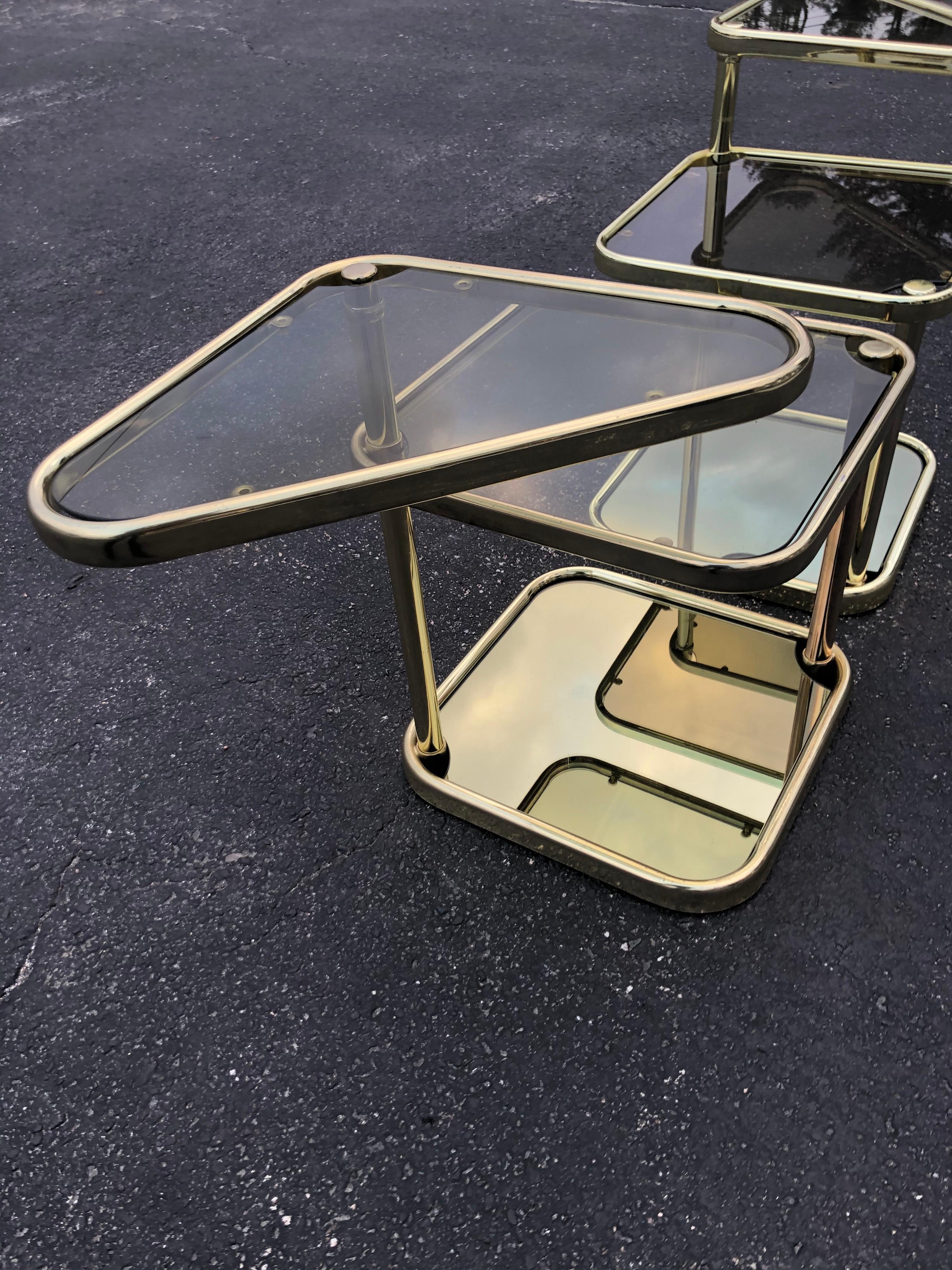 Pair of Extendable Three Tier Brass and Smoked Glass Tables For Sale 8