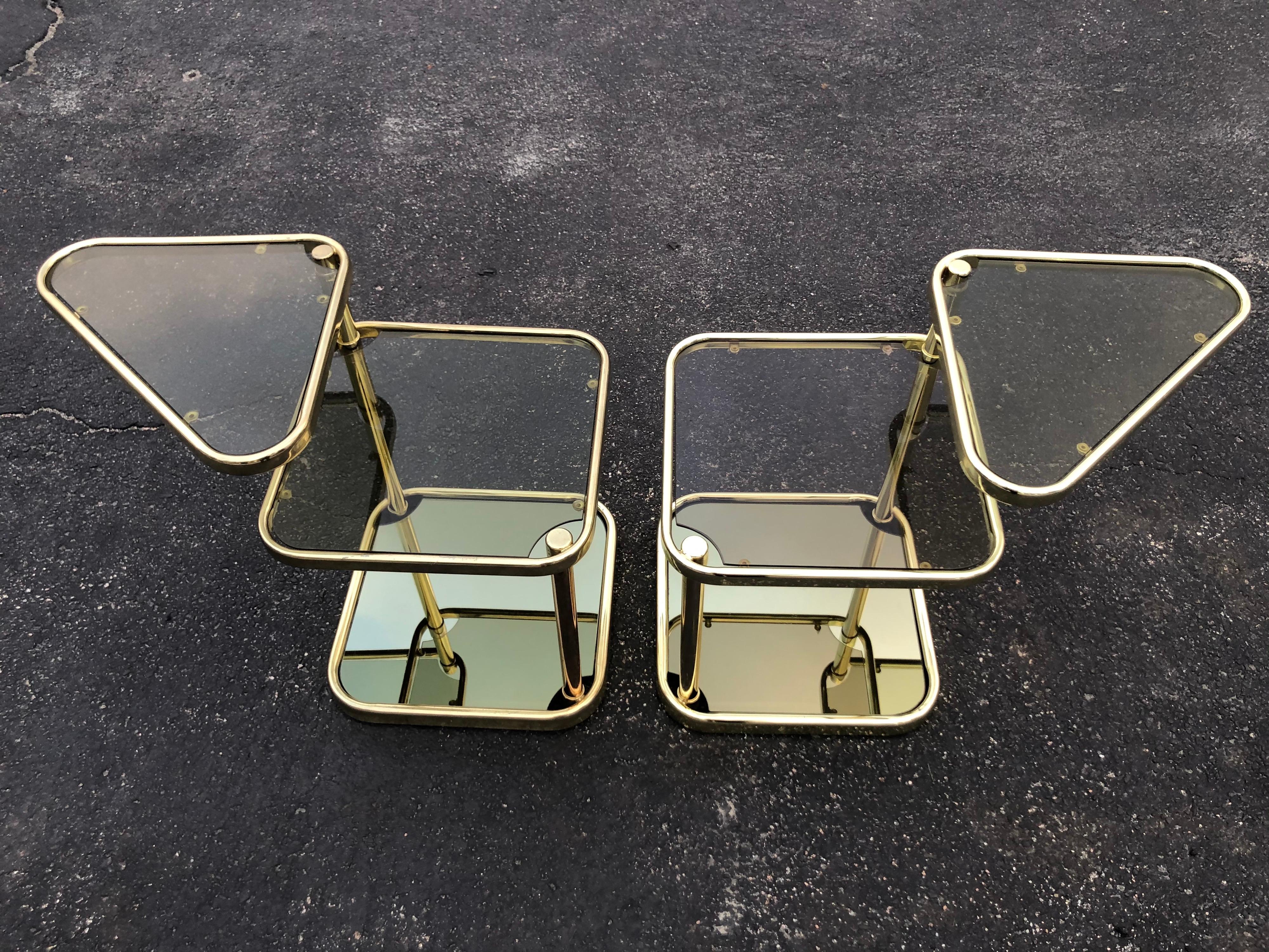 Pair of Extendable Three Tier Brass and Smoked Glass Tables For Sale 9