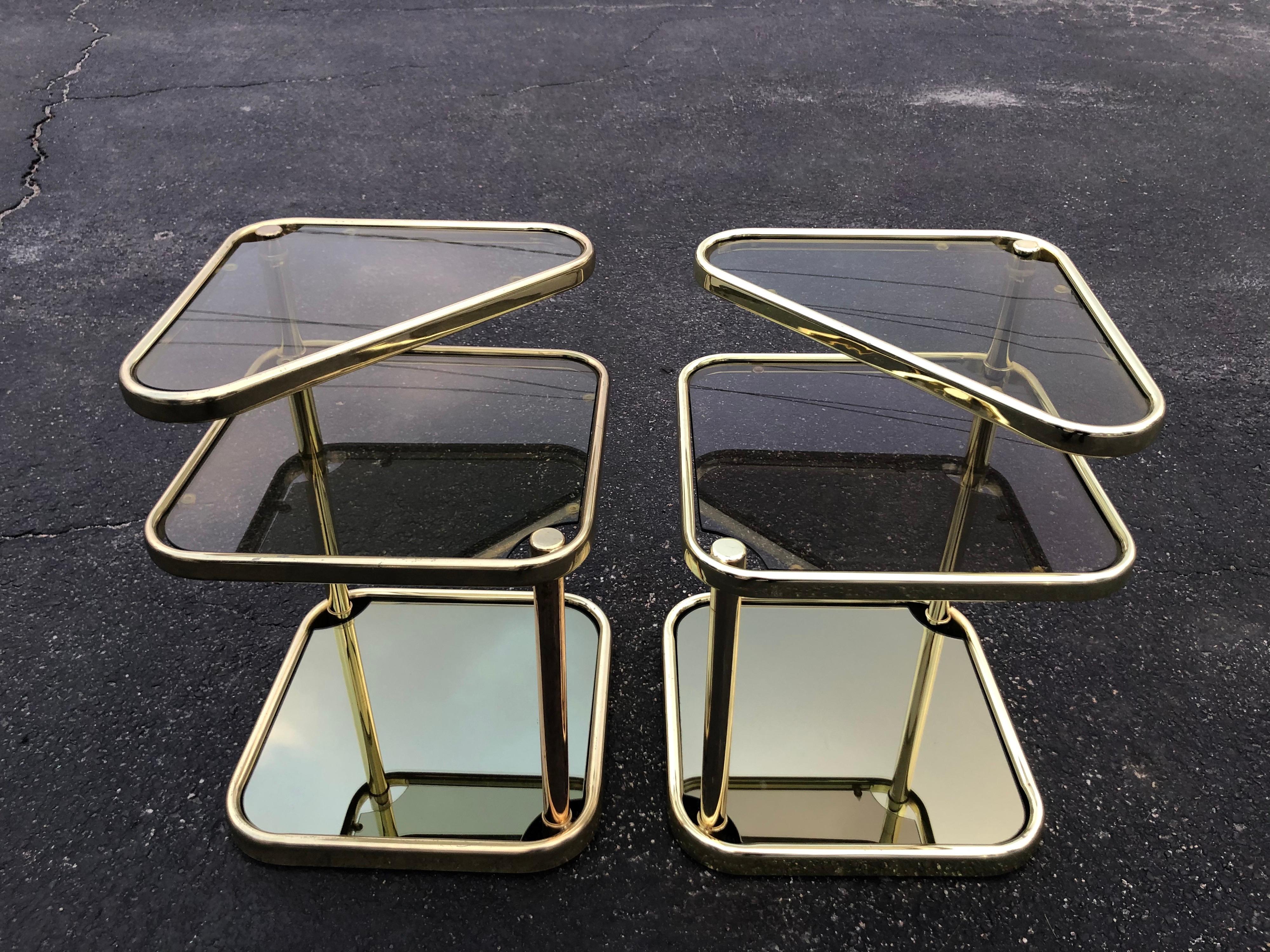 Pair of Extendable Three Tier Brass and Smoked Glass Tables For Sale 10