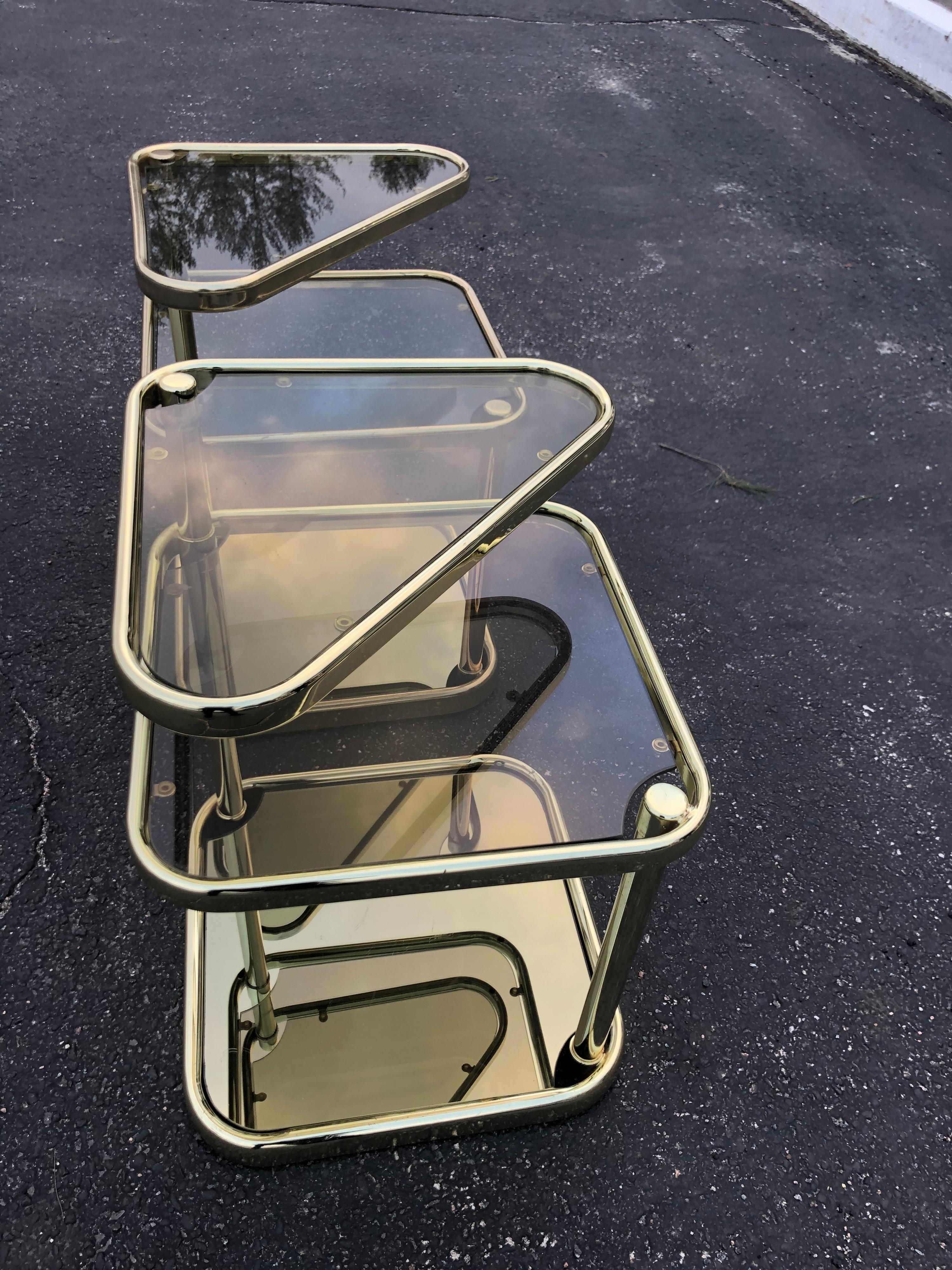 Pair of Extendable Three Tier Brass and Smoked Glass Tables For Sale 3