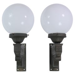 Pair of Exterior Bronze Wall Sconces w/ Foliate Details and Round Glass Globe