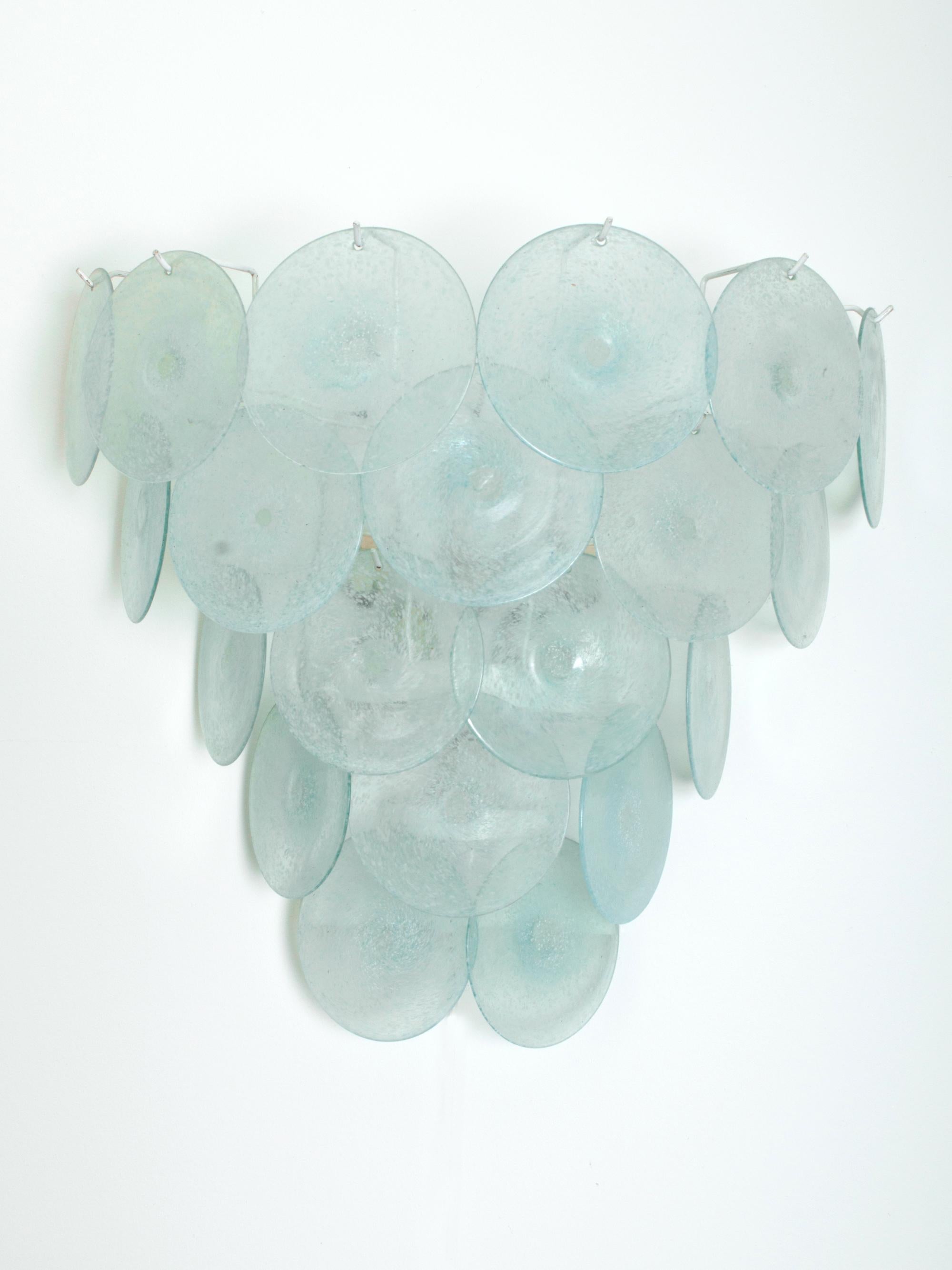 A Pair of Extra Large 20 Disc Wall Sconces by Vistosi. Murano, Italy C.1960
Hand-blown Murano aqua blue glass. Each sconce has six light bulb holders.

In excellent vintage condition.