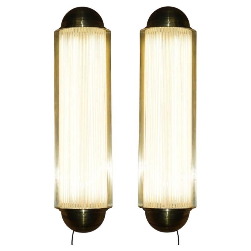 PAIR OF EXTRA LARGE ART DECO STYLE BRASS GLASS Genet & Michon WALL SCONCES Lightss en vente