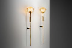 Pair of Extra Large Brass and Opal Glass Wall Lamps, Europe 1960s