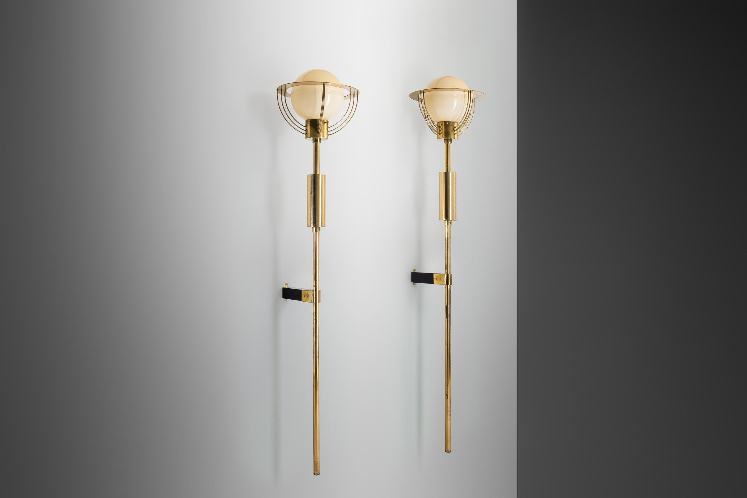 Mid-Century Modern Pair of Extra Large Brass and Opal Glass Wall Lamps, Europe 1960s For Sale
