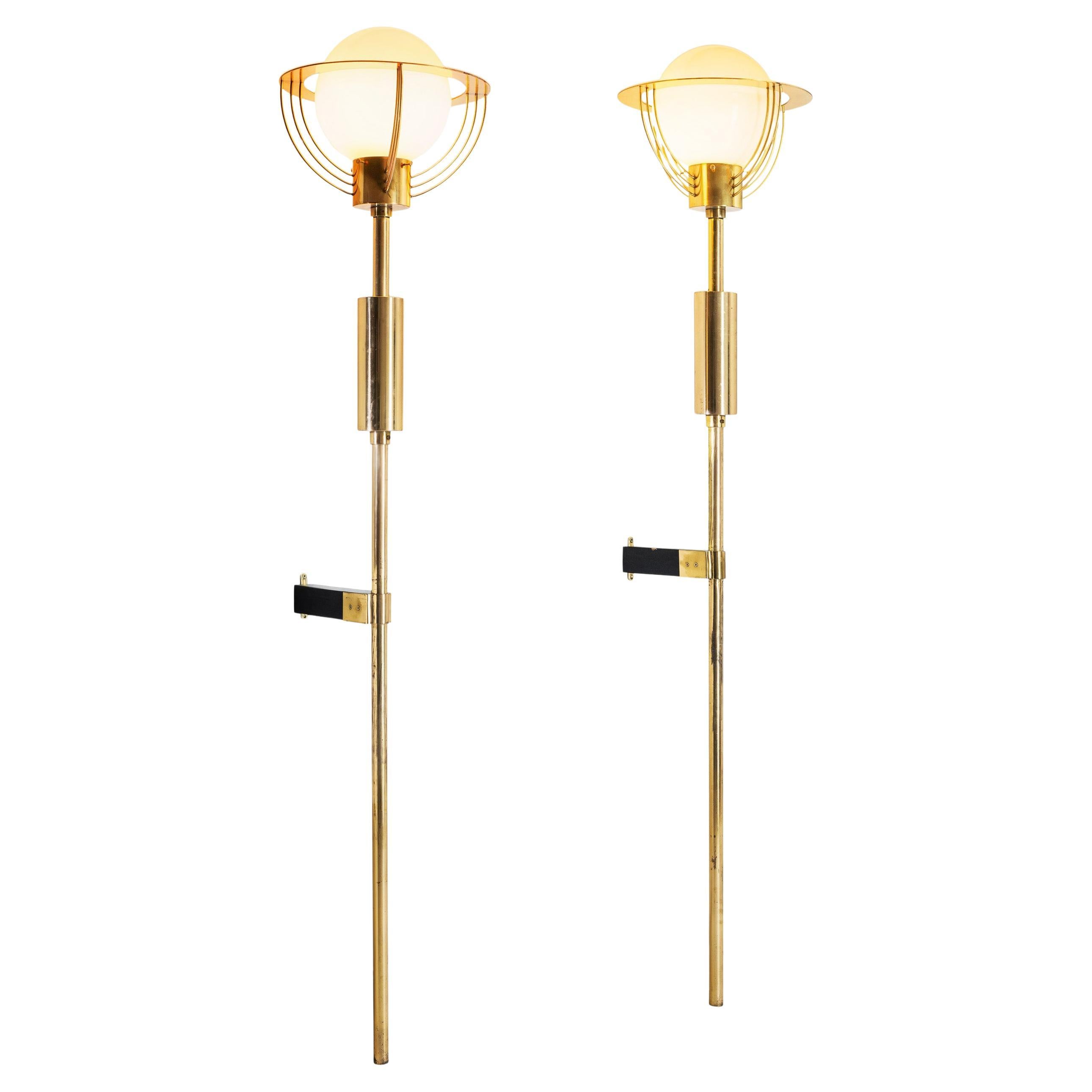 Pair of Extra Large Brass and Opal Glass Wall Lamps, Europe 1960s For Sale