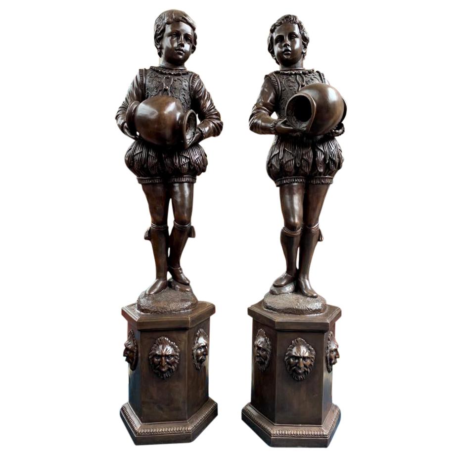 Pair of Extra Large Bronze Elizabethan Page Boy Fountains Statues, 20th Century For Sale