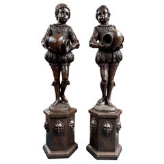Pair of Extra Large Bronze Elizabethan Page Boy Fountains Statues, 20th Century