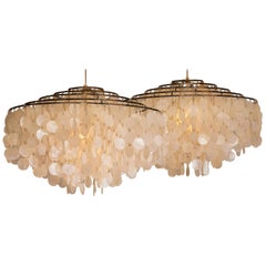 Retro Pair of Extra Large Capiz Shell Chandeliers by Verner Panton for Luber AG. Swiss