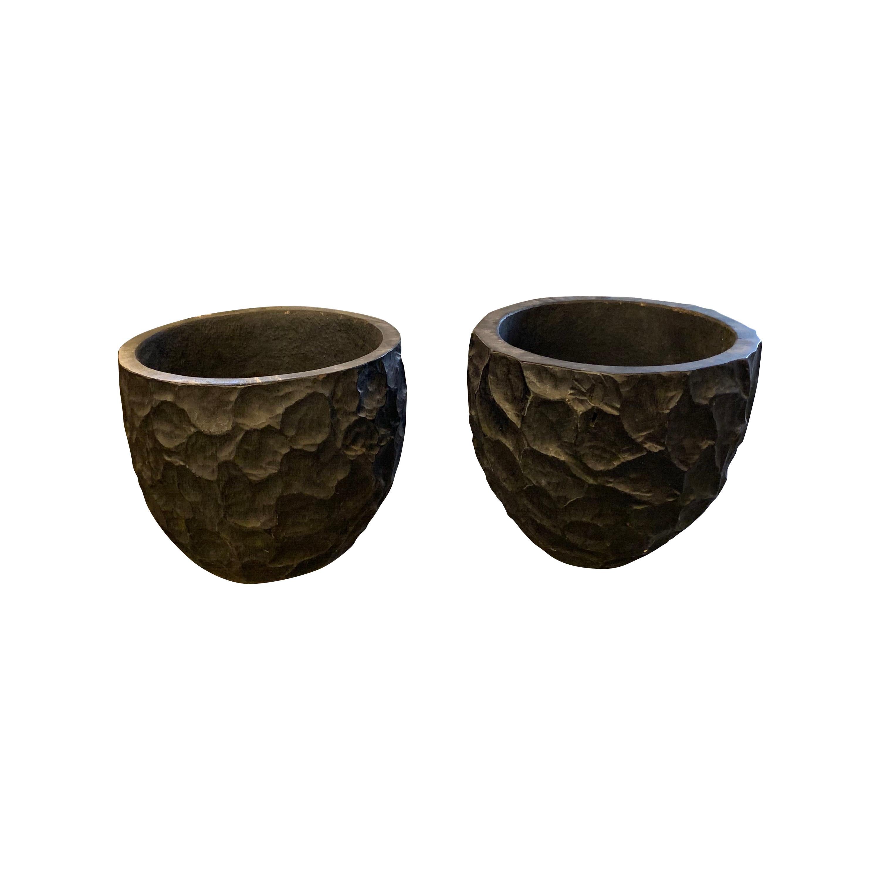 Pair of Extra Large Carved Ebonized Palm Planters, Indonesia, Contemporary