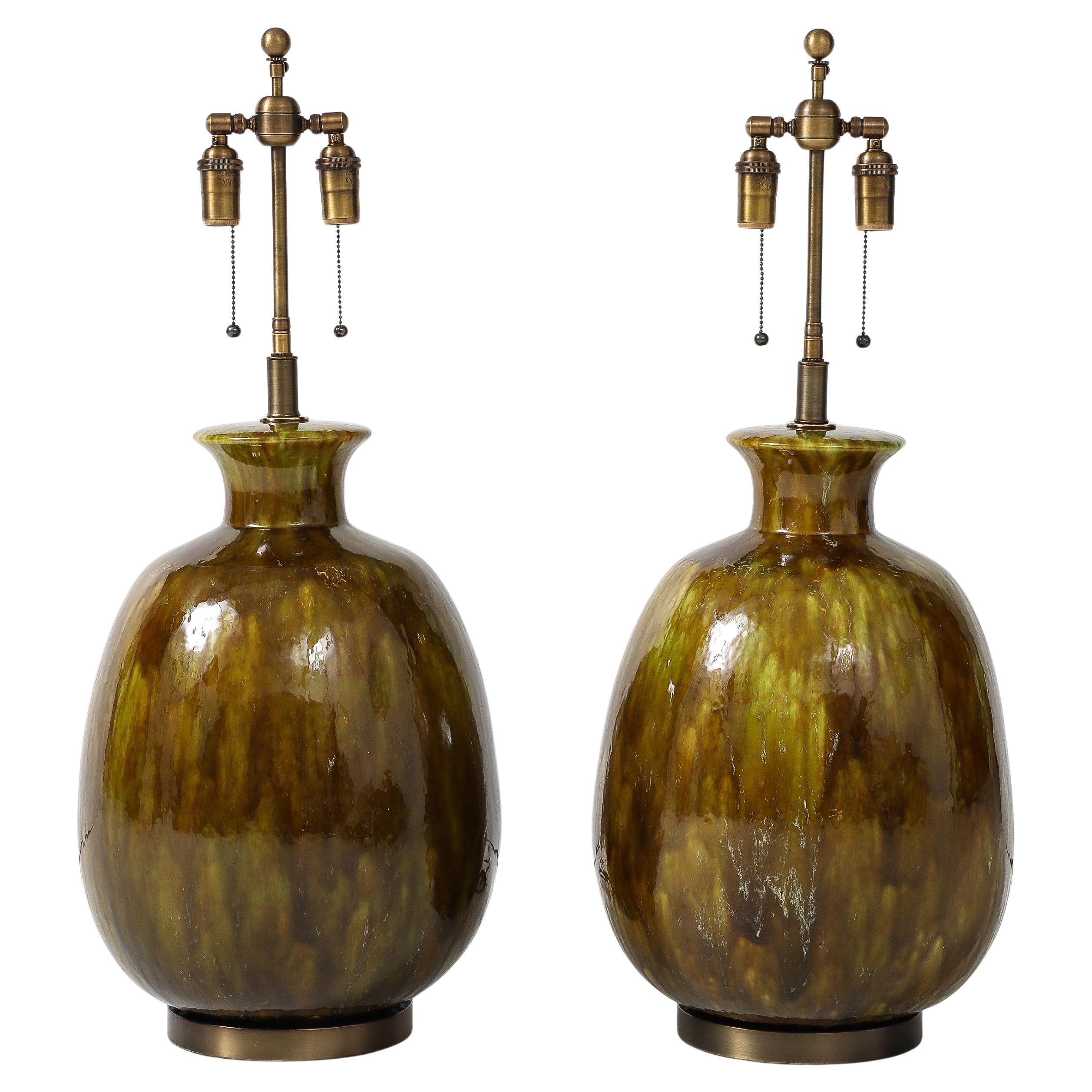 Pair of Extra Large Ceramic Lamps with a Wonderful Moss Colored Glaze.