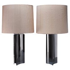 Pair of Extra Large Console Lamps with Chrome Base and Fabric Hood