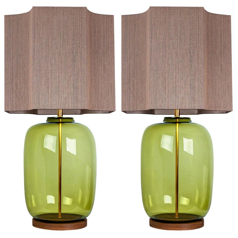 Pair of Extra Large Glass Shaped Table Lamp with Custom Made Silk Lamp