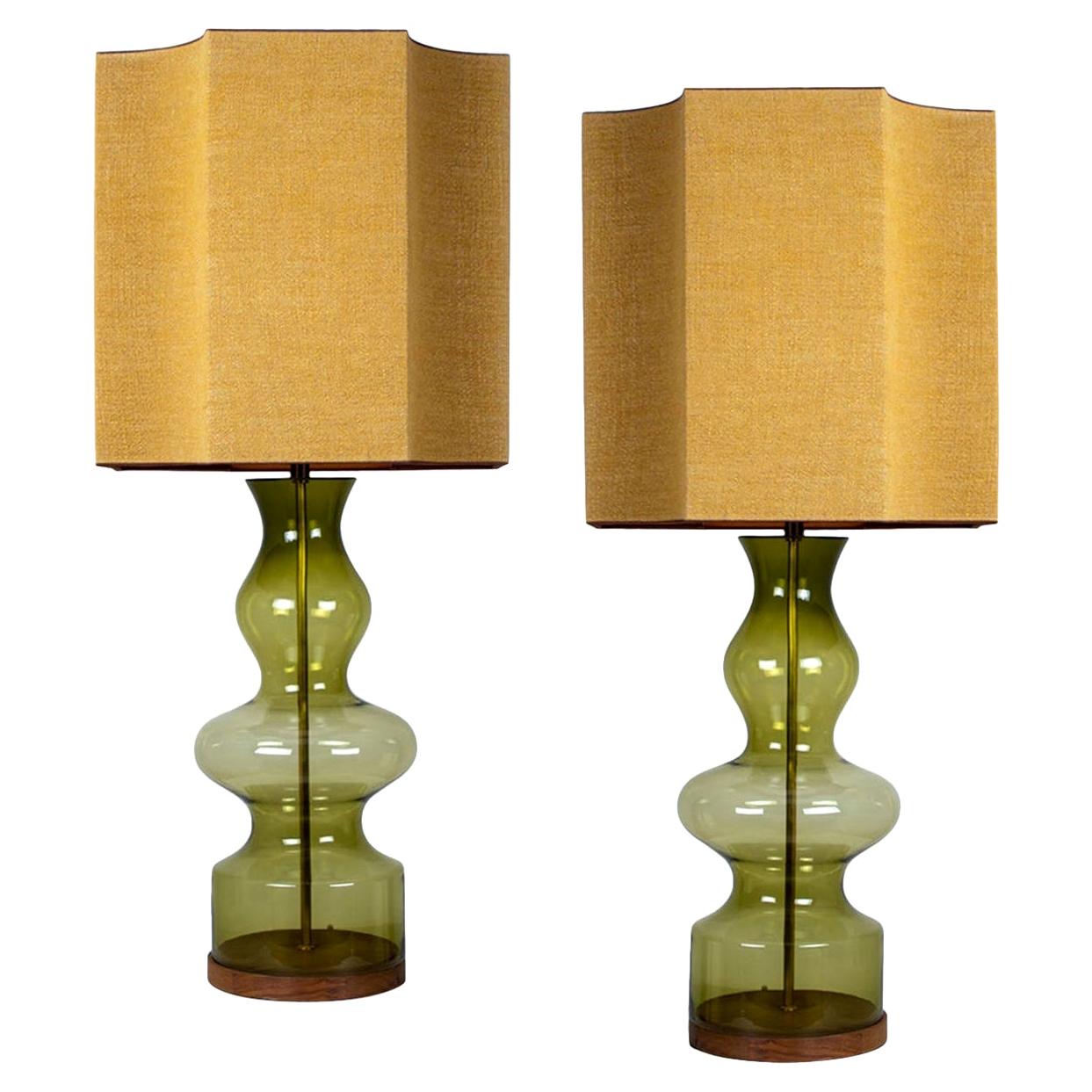 Pair of Extra Large Glass Shaped Table Lamp with Custom Made Silk Lamp