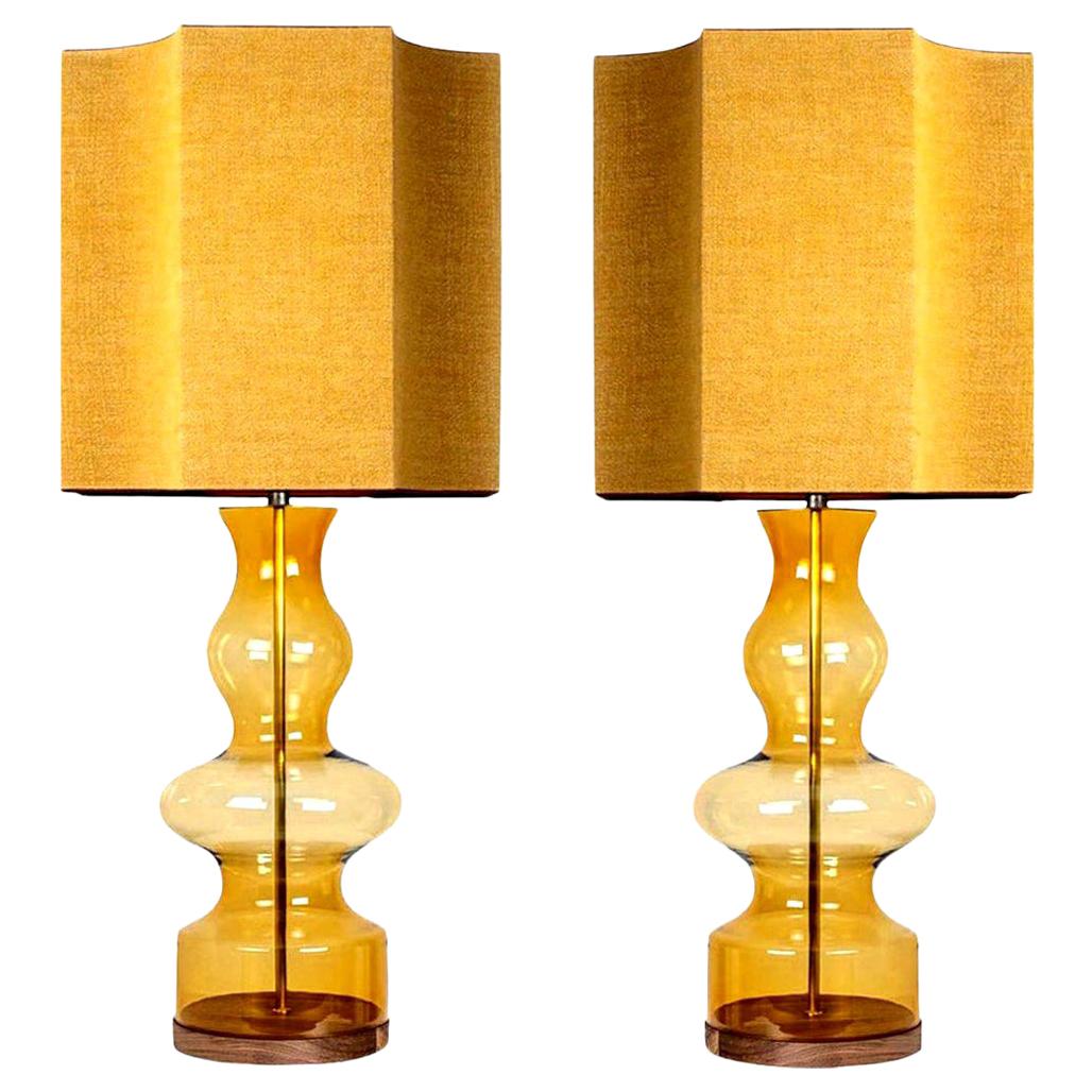 Pair of Extra Large Glass Shaped Table Lamp with Custom Made Silk Lamp R Houben