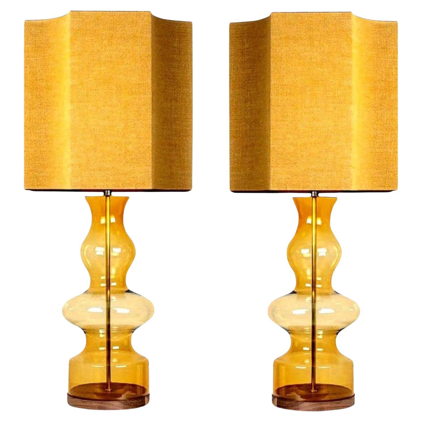 Pair of Extra Large Glass Shaped Table Lamp with Custom Made Silk Lamp