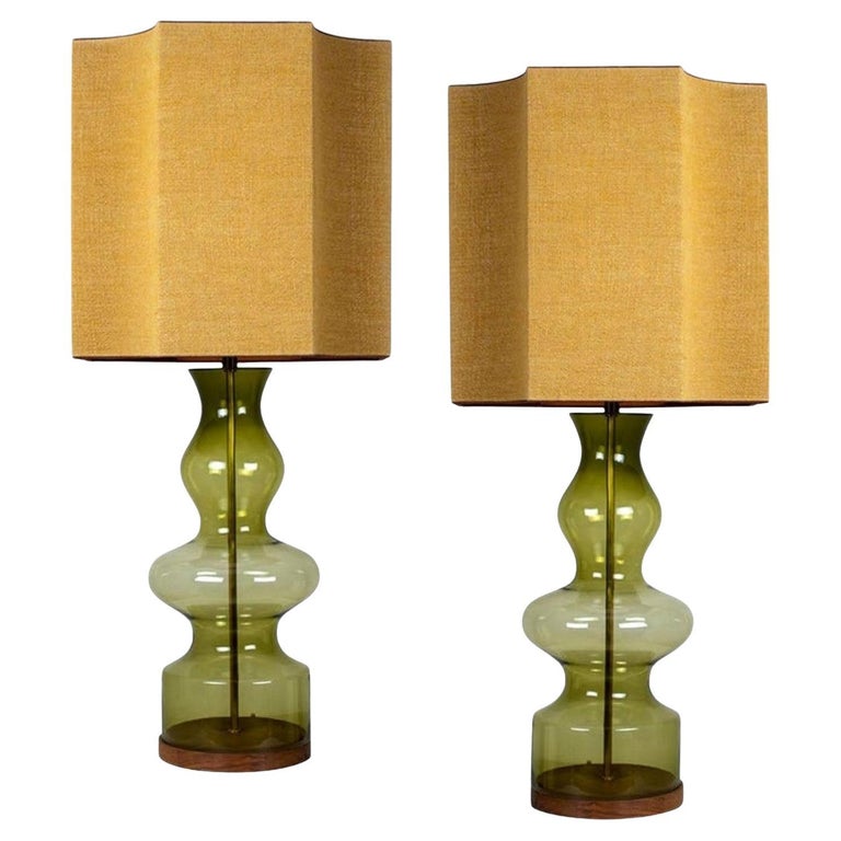 Pair of Extra Large Glass Shaped Table Lamp with Custom Made Silk Lamp