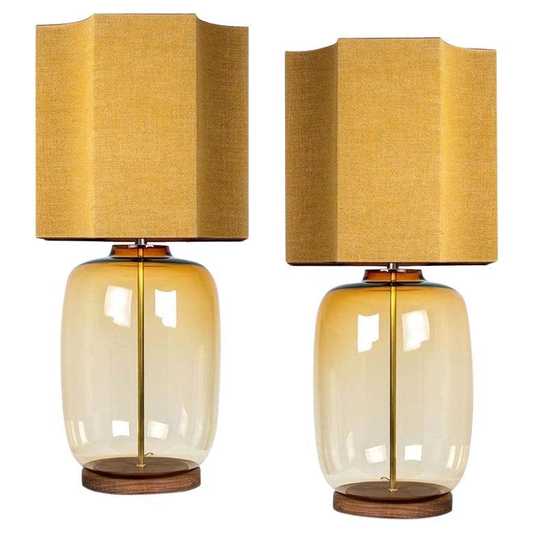 Pair of Extra Large Glass Shaped Table Lamp with Custom Made Silk Lamp