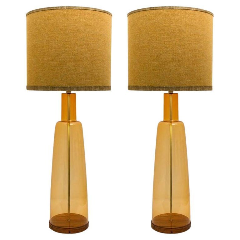 Pair of Extra Large Glass Shaped Table Lamp with Custom Made Silk Lamp