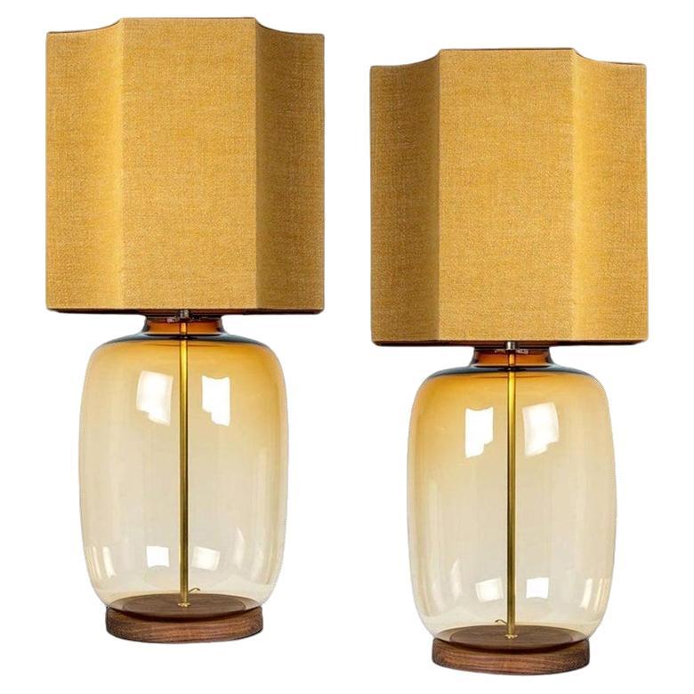 Pair of Extra Large Glass Shaped Table Lamp with Custom Made Silk Lamp R Houben