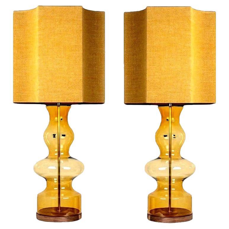 Pair of Extra Large Glass Shaped Table Lamp with Custom Made Silk Lamp R Houben