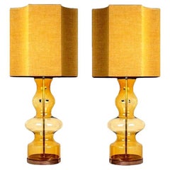 Vintage Pair of Extra Large Glass Shaped Table Lamp with Custom Made Silk Lamp R Houben