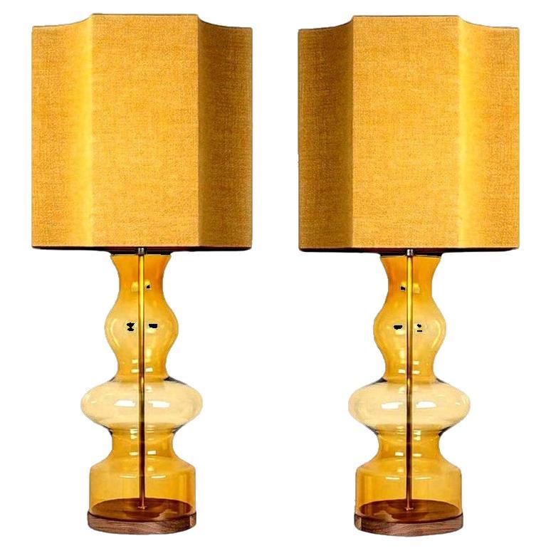 Pair of Extra Large Glass Shaped Table Lamp with Custom Made Silk Lamp R Houben