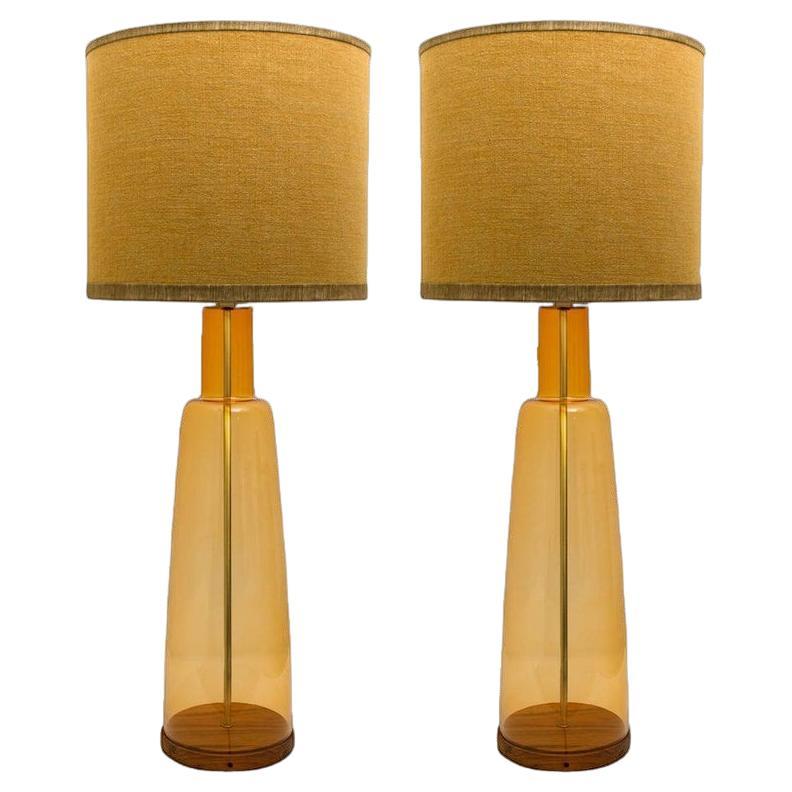 Pair of Extra Large Glass Shaped Table Lamp with Custom Made Silk Lamp R Houben