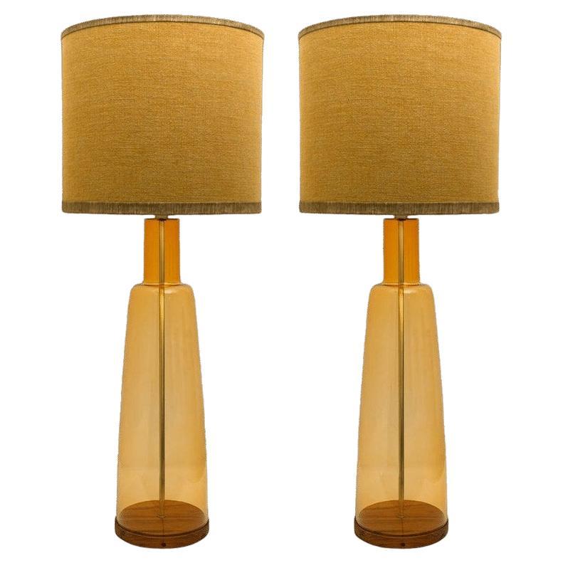 Pair of Extra Large Glass Shaped Table Lamp with Custom Made Silk Lamp R Houben