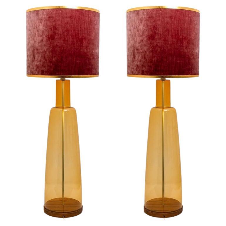 Pair of Extra Large Glass Shaped Table Lamps with Lampshades, Design  R Houben