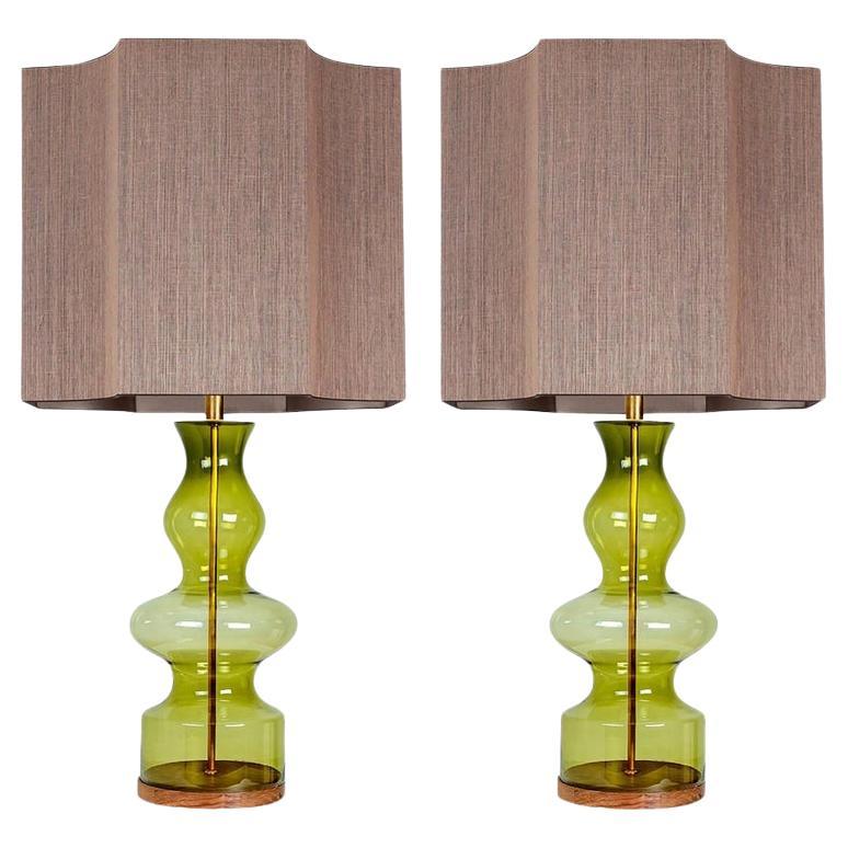 Pair of Extra Large Glass Shaped Table Lamps with Silk Lampshades