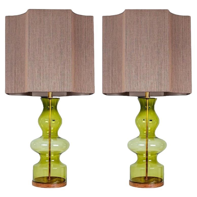 Pair of Extra Large Glass Shaped Table Lamps with Silk Lampshades For Sale
