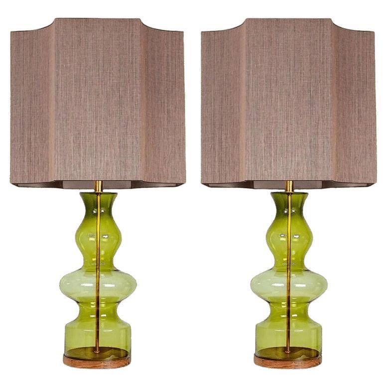 Pair of Extra Large Glass Shaped Table Lamps with Silk Lampshades