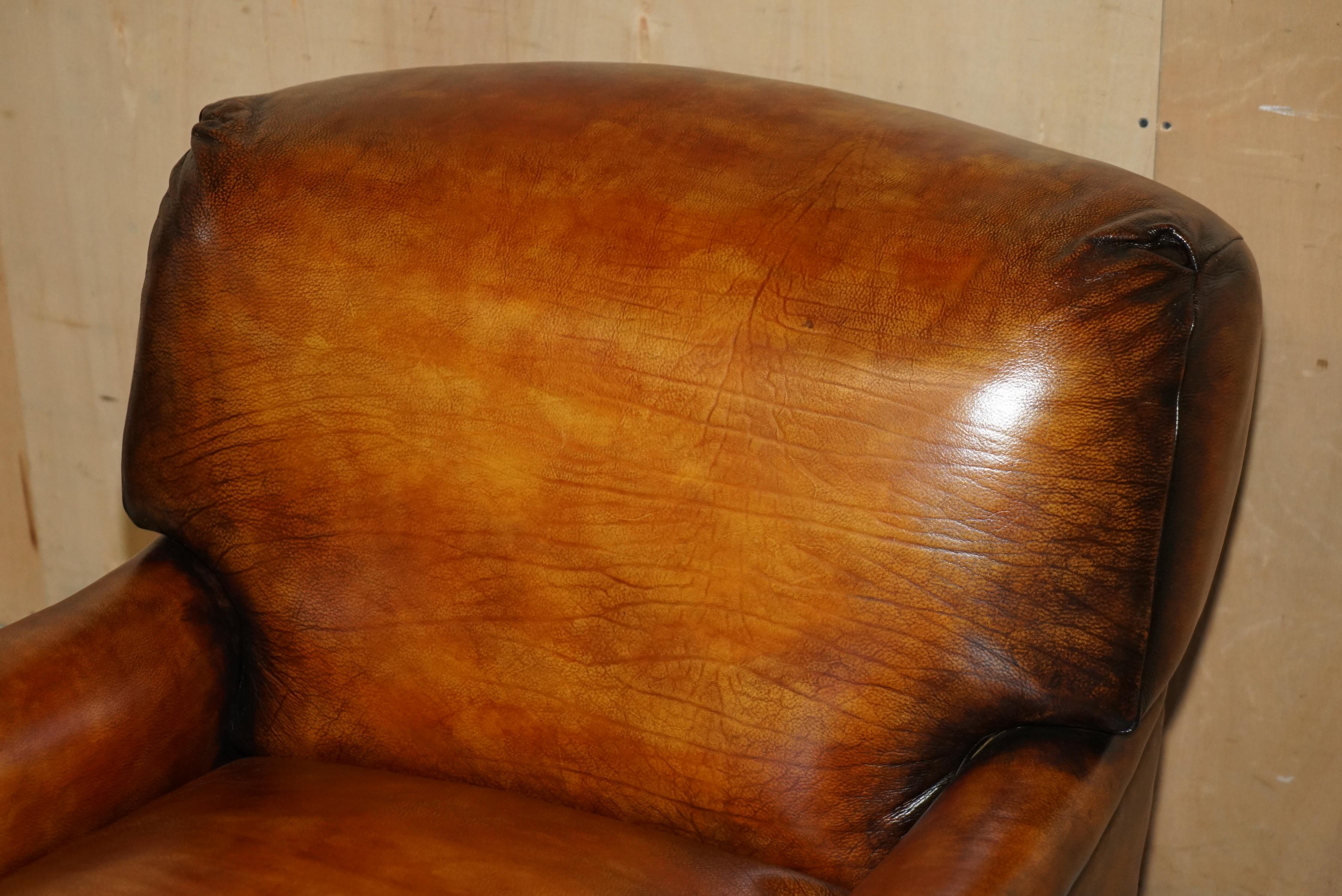 English PAIR OF EXTRA LARGE HOWARD & SON'S GEORGE SMITH STYLE BROWN LEATHER ARMCHAIRs For Sale