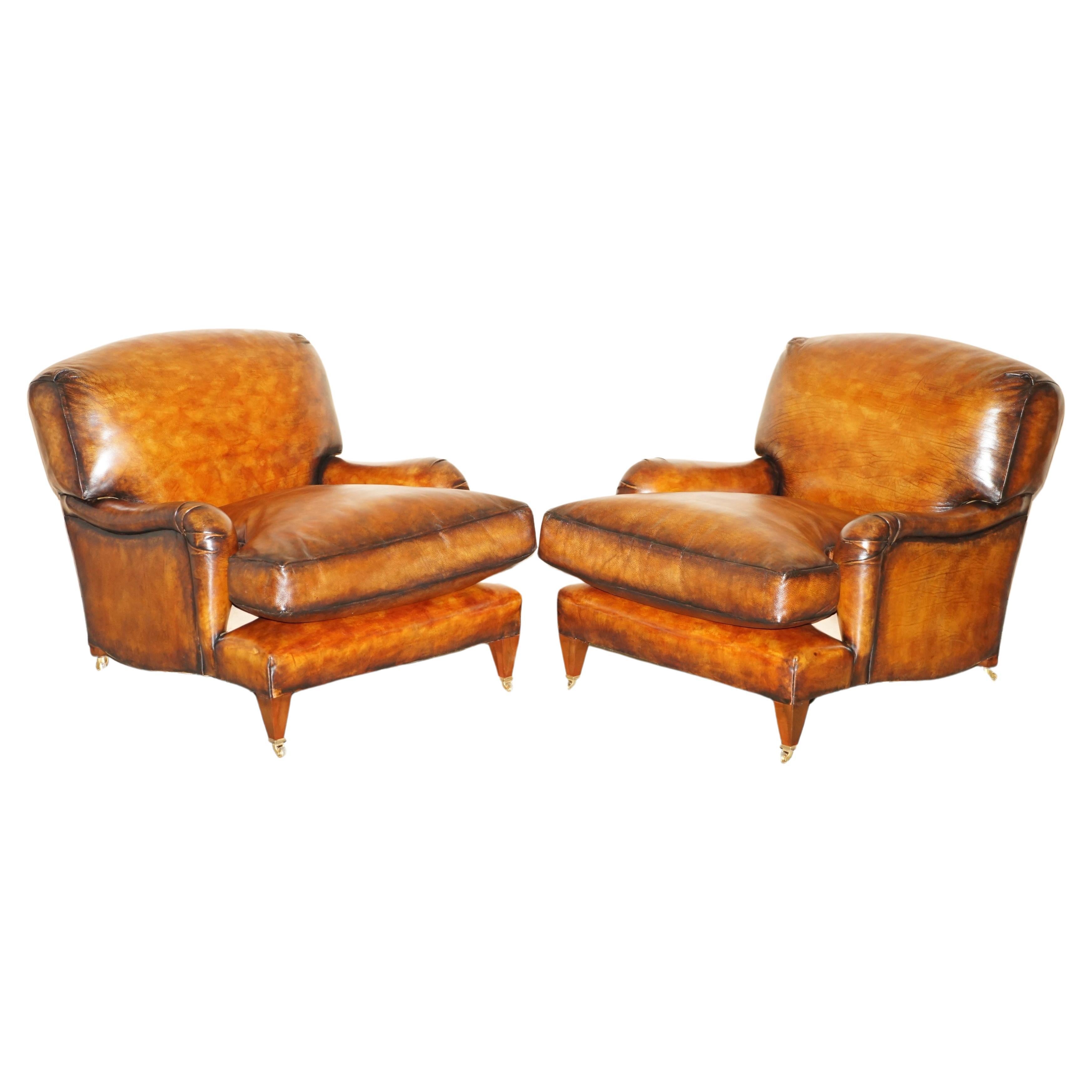 AIR OF EXTRA LARGE HOWARD & SON'S GEORGE SMITH Style BROWN LEATHER ARMCHAIRs